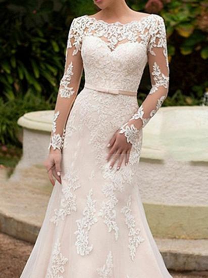 Elegant Mermaid Wedding Dresses Bateau Lace Long Sleeve Boho Bridal Gowns with Sweep Train_2