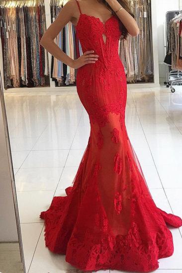 Spaghetti Straps Red Lace Evening Dresses | Mermaid Sexy Prom Dresses