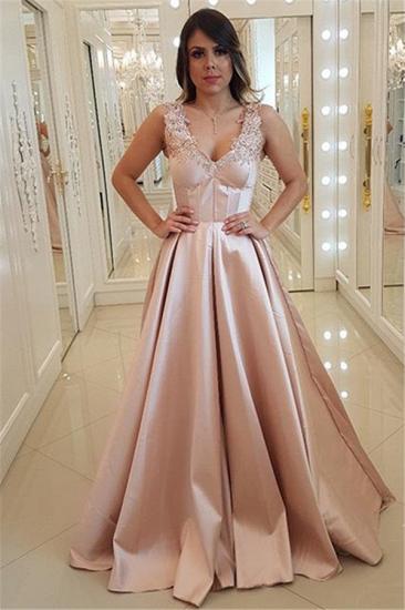 Elegante Satin A-Linie Rosa Lange Abendkleider | 2022 Ärmellose Abendkleider mit V-Ausschnitt Billig_1