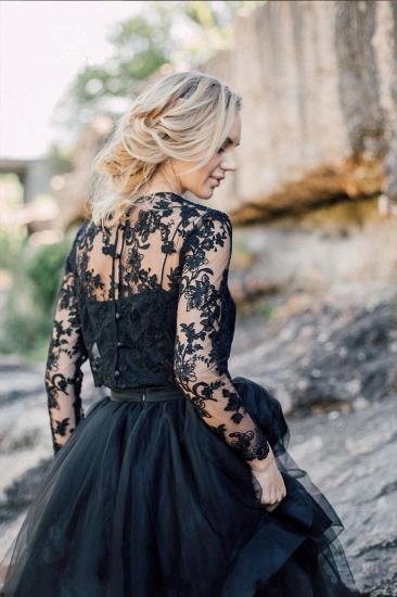 Long SLeeves Black Tulle Wedding Dress Floral Lace Aline Formal Dress_2