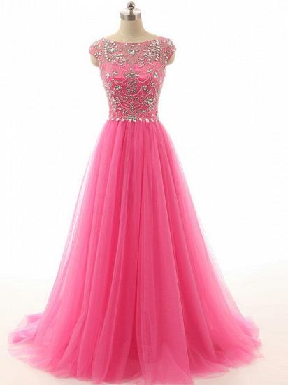 Elegant Crystal Tulle 2022 Prom Dresses A-Line Beading Sweep Train Evening Gowns_1
