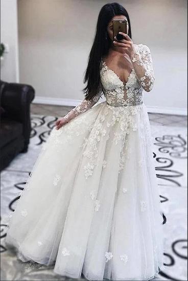 Gorgeous White Lace V-neck A-line Tulle V-neck Wedding Dress_2