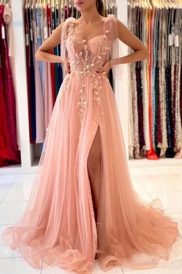 Stunning Tulle Sleeveless Aline Eveining Dress | Sweetheart Floral Lace Side Slit Party Gown