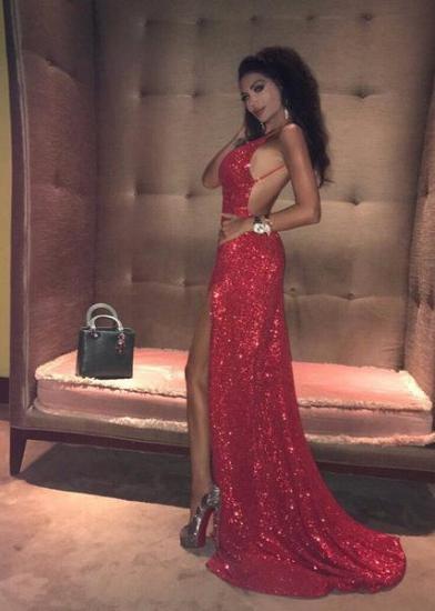 Sexy Red Sequin Prom Dresses | Halter Neck Backless High Slit Party Dresses_7