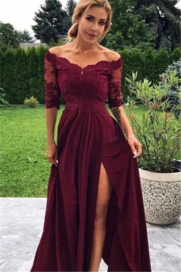 Burgundy Off The Shoulder Lace Half Sleeves Prom Dresses With Split | Chiffon Party Gowns_1