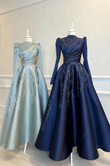 Light Blue A-line Satin Long sleeves Lace Prom Dresses_2