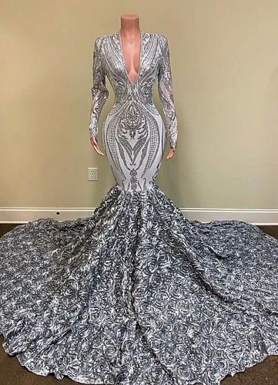 Silver long sleeves sequin floor length prom dress with flowers_2