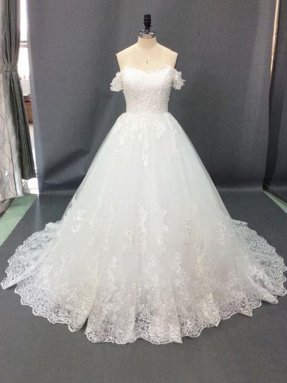 Luxury Off The Shoulder Tulle Lace White Ball Gown Wedding Dresses_2
