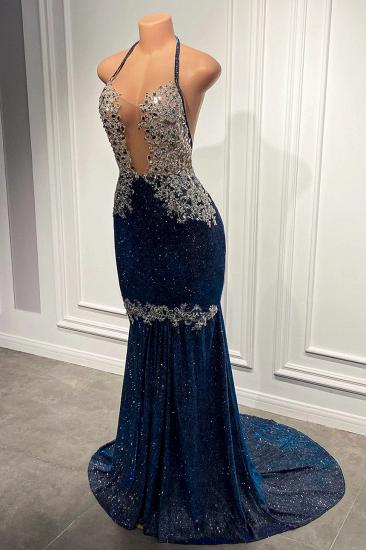Sparkle navy blue lace applique mermaid prom dress_4