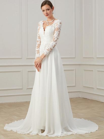 Formal Sheath Wedding Dress V-Neck Lace Tulle Long Sleeves Plus Size Bridal Gowns with Sweep Train_4