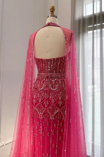 Wunderschönes Neckholder-Abendkleid im Meerjungfrau-Stil mit glänzenden Perlen und Pailletten und Tüllschal, Dubai-Hochzeitskleid_5