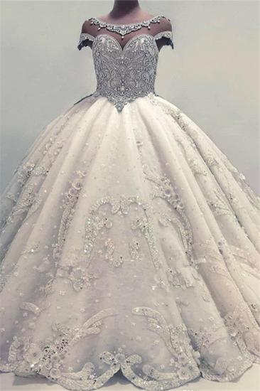 Luxuriöse Rundhalsausschnitte mit Flügelärmeln Duchesse-Kleid Kristalle Brautkleider | 2022 Applikationen, die langes Brautkleid bördeln