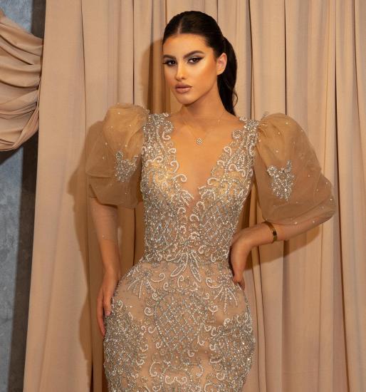 Long Puff Sleeve Champagne Evening Dress with Sleeves | Prom Dresses Long Lace_2
