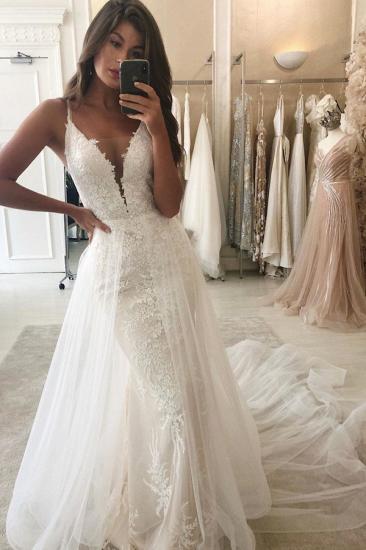 Trendy Spaghetti Strap Summer White Mermaid Wedding Dress with Overskirt_1