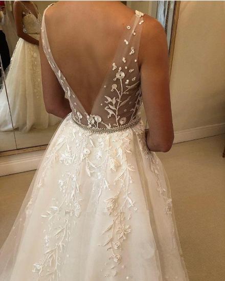 Glamorous V-Neck Tulle Wedding Dresses Sleeveless 3D Floral Lace Bridal Dress_4