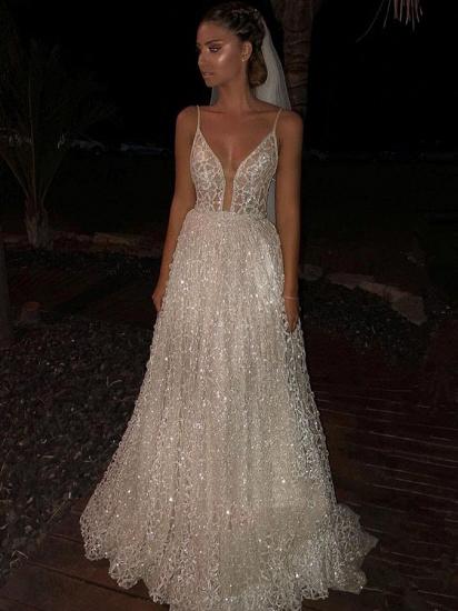 Sparkly White Spaghetti-Strap A-Line Sequins Wedding Dress | Shining Long Prom Gowns_3