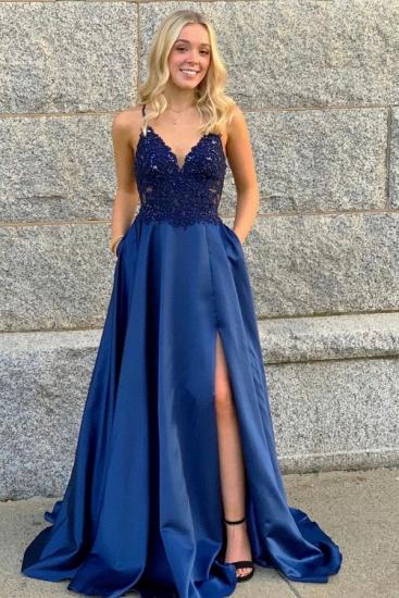 Navy blue A-line Spaghetti Straps Sleeveless High split Lace Prom Dresses_1