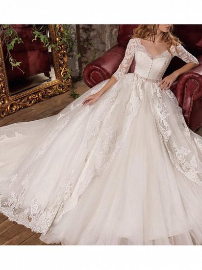A-Line Wedding Dress V-neck Tulle 3/4 Length Sleeve Bridal Gowns Formal Plus Size with Sweep Train_3