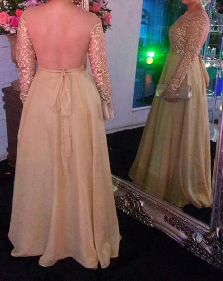 Gold Long Sleeve Evening Dresses 2022 Round Neckline Lace Chiffon Prom Dress Cheap_4