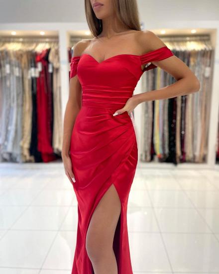 Red Card-Shoulder Heart Neck Side Slit Ball Gown｜Simple Evening Dresses Cheap_6