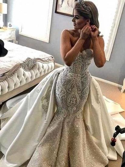 Gorgeous Strapless Mermaid Wedding Dress Sweetheart Tulle Lace Overskirt Bridal Gowns with Beadings_1