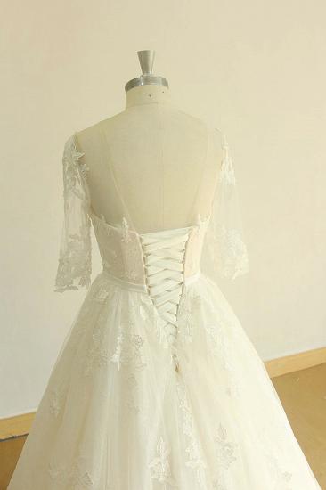 Einzigartiges Halbarm-Spitzen-Tüll-Hochzeitskleid | A-Linie Brautkleider mit weißen Applikationen_5