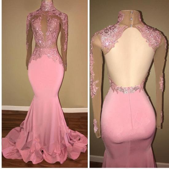 Candy Pink 2022 Long Sleeve Prom Dress Lace Mermaid Open Back Sexy Evening Gown_3