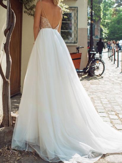 Country A-Line Wedding Dresses V-Neck Tulle Sequined Sleeveless Plus Size Bridal Gowns with Sweep Train_4
