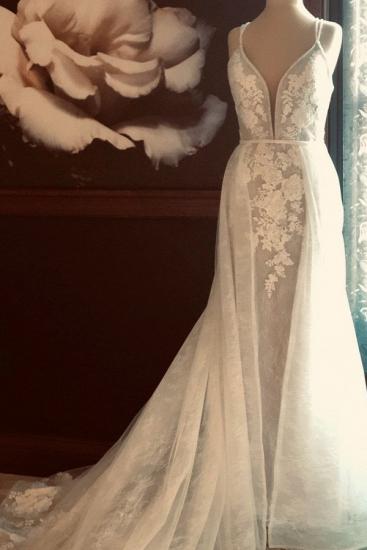 Elegante Doppel V-Ausschnitt Floral Lace Hochzeit Brautkleider Sweep Train_1