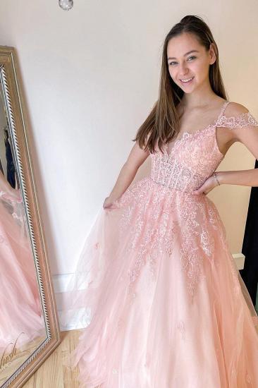 A-Line Off Shoulder Sweetheart Spaghetti Strap Tulle Prom Dress｜Floral Lace Prom Dress