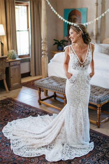 2022 Unique Wedding Dress Deep V-neck Lace Pockets Wedding Gowns with Extra Train
