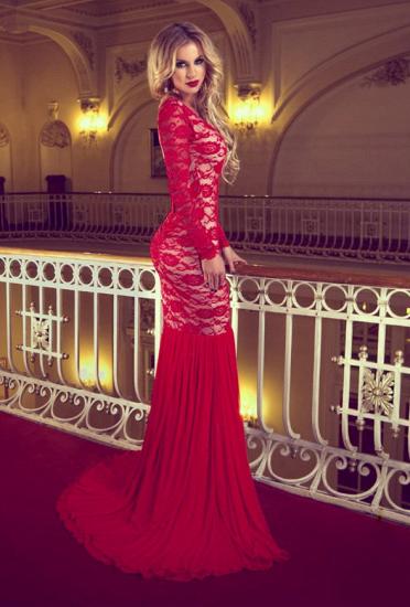 Sexy Red Lace Sweep Trian Evening Dress Mermaid Long Sleeve Backless Prom Dress_2
