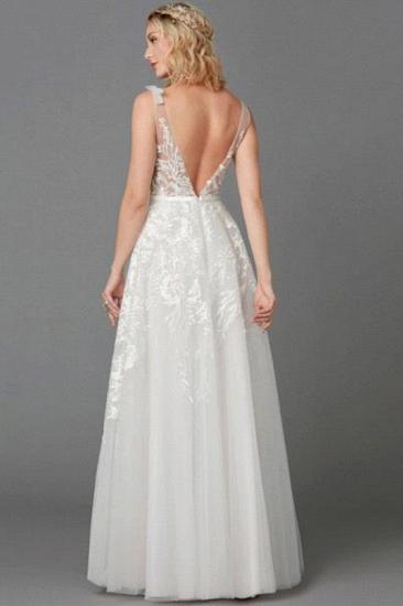 A-Line Wedding Dresses Plunging Neck Floor Length Lace Tulle Sleeveless See-Through_2