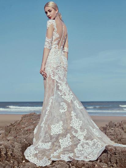Wunderschönes Meerjungfrau-Hochzeitskleid mit U-Ausschnitt aus Spitze und Tüll mit halben Ärmeln und Sweep-Zug_4
