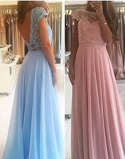 Chiffon Lace Appliques Prom Dresses 2022 Floor Length Chic A-line Short Sleeves Evening Dress_1