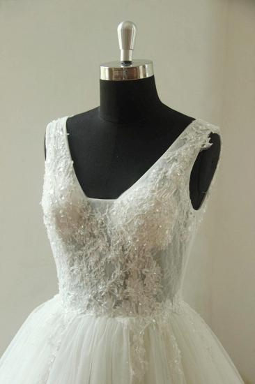 Wunderschönes ärmelloses Brautkleid mit V-Ausschnitt und Applikationen | Weiße Ballkleid Tüll Brautkleider_4