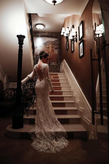 Elegant Long Sleeves White Lace Mermaid Wedding Dress_3