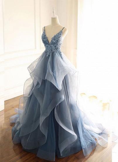 Gray Evening Dresses  Tulle V Neck Ruffles Long Spaghetti Lace Beading Prom Dress