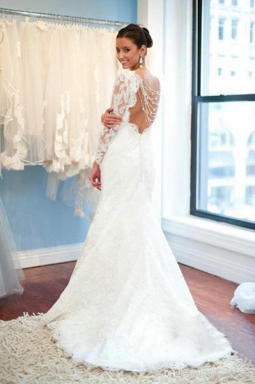 A-Line Lace Sweep Train Bridal Gown with Chain Popular Open Back Plus Size Wedding Dresses_2