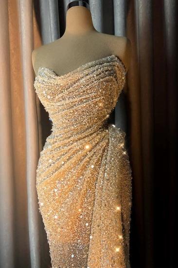 Sparkly Strapless V-neck Crystal Sequins Draped Mermaid Prom Dresses