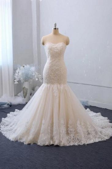 Glamorous Strapless White/Ivory Lace Tulle Mermaid Bridal Gown with Sweep Train_1