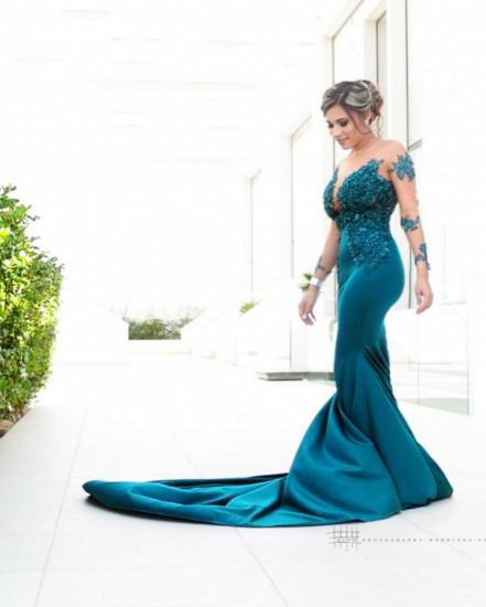 Classic Illusion neck Long Sleeve Blue Lace Appliques Prom Dress with Chapel Train_2