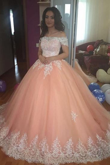 Elegant Off-the-Shoulder Appliques Ball Gown Tulle Sweep Train Prom Dresses_2