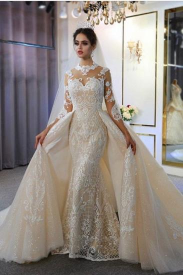 Gorgeous White/Ivory Long Sleeves Mermaid Wedding Dress with Detachable Train_1