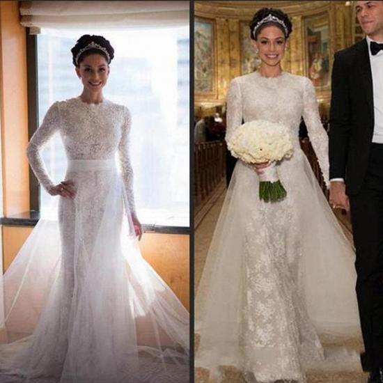 Neuestes Brautkleid mit hohem Kragen und langen Ärmeln und Perlenbesatz aus Spitze mit Sweep-Zug 2022_4