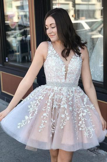 Cute Tulle Floral Lace A-line Homecoming Dress Deep V-Neck Sleeveless Cocktail Dress