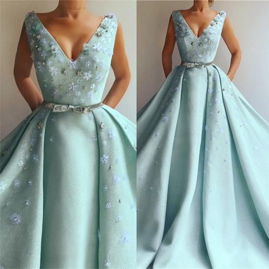 Exquisite Sequins V Neck Sleeveless Prom Dress | Chic Flowers Pearls Long Prom Dress with Beading Sash_3