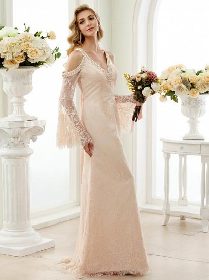 Sexy Sheath Wedding Dress Floral Lace Long Sleeves Bridal Gowns in Color Open Back with Sweep Train_3
