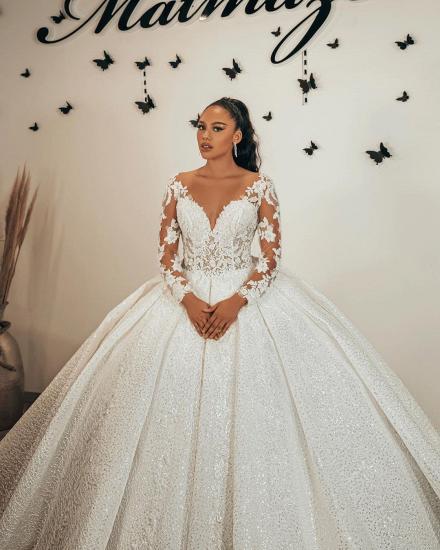 Gorgeous White Floral Lace A-line Ball Gowns with Cathedral Train_2