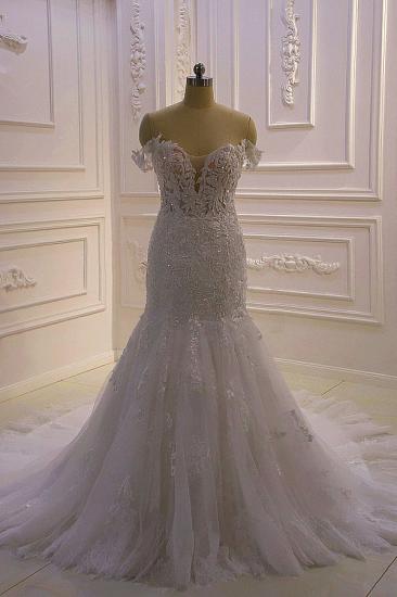 Gorgeous White 3D Lace applique Off-the-Shoulder Mermaid Bridal Gowns